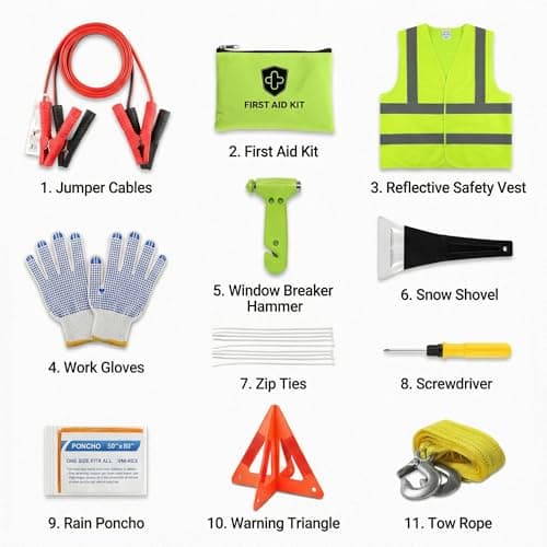 Car Emergency Kit for New Drivers | Essential Roadside Tools with Jump Leads, Tow Rope, Safety Hammer, Warning Triangle & Mini First Aid Kit (Bright Green) — view 3
