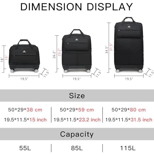Laripwit Expandable Large Holdall Suitcase with Wheels, 55-115L Foldable Soft Suitcases & Travel Duffle Hand Luggage, Collapsible Rolling Duffel for Men Women and Not Fall Over, Black — view 5