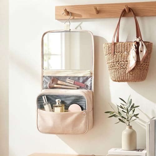 SUNNYNEST Unisex Travel Makeup Bag with Mirror – Foldable Hanging Toiletry Bag, Vanity Case & Makeup Organiser for Business Trips, Camping, Fitness & Weekend Getaways (Khaki) — view 3