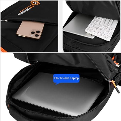 BRTHFORU Lightweight Waterproof Backpack for Women Men, 48cm Laptop Backpack with Orange Zipper, Fashion Casual Daypack for University Work Travel, Water-Resistant Scratchproof Day Bag (Black/Orange) — view 4