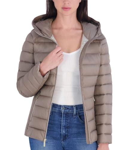 Michael Kors Women's Packable Puffer Jacket, Lightweight Down Alternative, Taupe, M — view 3