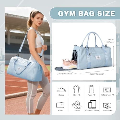WEPLAN Gym Bag Womens Men Sports Fitness Bags Weekend Overnight Bag Travel Duffle Bags for Women with Shoes Compartment Wet Pocket,Holdall Hospital for Swimming Carry on Hand Luggag,A3-Sky Blue — view 3