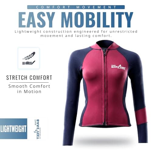 Two Bare Feet Women's Harmony 3mm Neoprene Wetsuit Jacket – Front Zip Thermal Surf Top for Swimming, Paddleboarding & Watersports (Black/Burgundy, L) — view 6