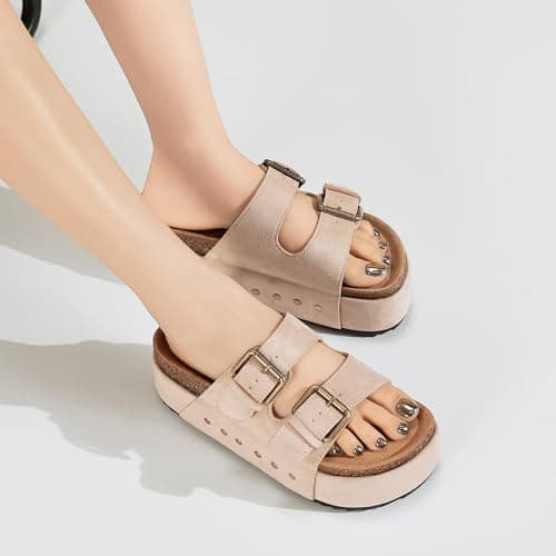 Women's Platform Sandals Cork Footbed Adjustable Double Buckle Slides — view 6