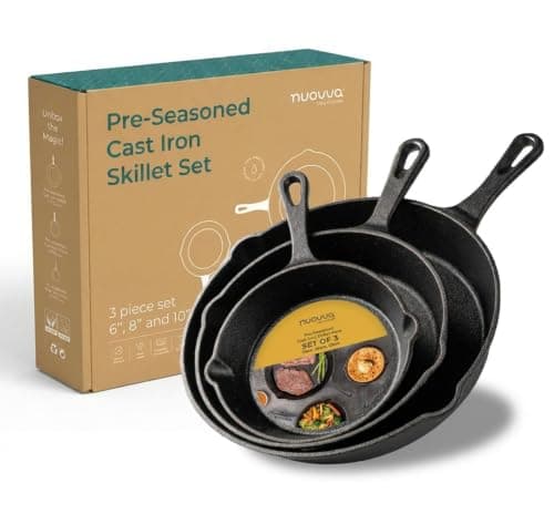 nuovva Pre-Seasoned Cast Iron Skillet Frying Pans Oven Safe Cookware for Indoor & Outdoor Use - Grill, StoveTop, PFOA & PTFE Free (3-Piece Chef Set 6-Inch 15cm, 8-Inch 20cm, 10-Inch 25cm)