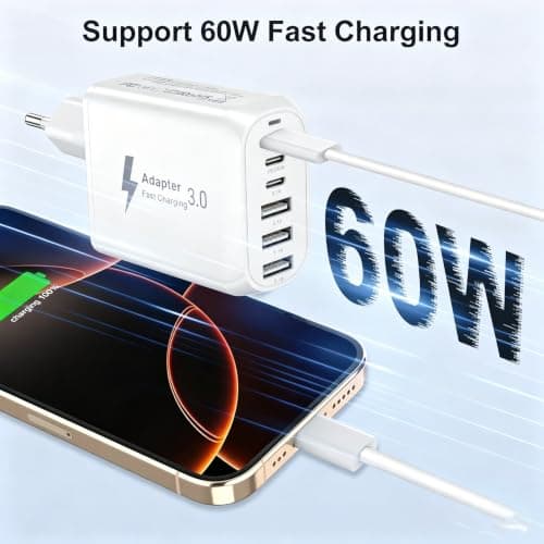 EU Travel Adapter Charger, European Plug Adapter Fast Charging with 3 USB C+3 USB A, 60W European Wall Adaptor EU Adaptor Plug Fast Charger Compatible with iPhone 17 16 15 14 13 12, Samsung Galaxy S25 — view 3