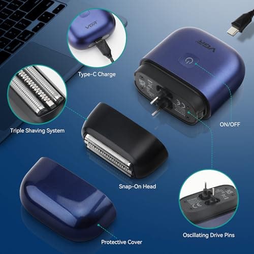 VGR Mini Electric Foil Shaver for Men – Compact Travel Razor – Pocket Size Portable USB-C Cordless Beard & Face Shaving Machine – IPX7 Waterproof Bald Head Battery Shavers – Mens Wet Dry Close Shave — view 4