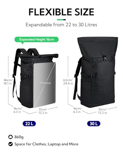 Waterfly Roll Top Backpack Rucksack: Rolltop Water Resistant Daypack — view 2