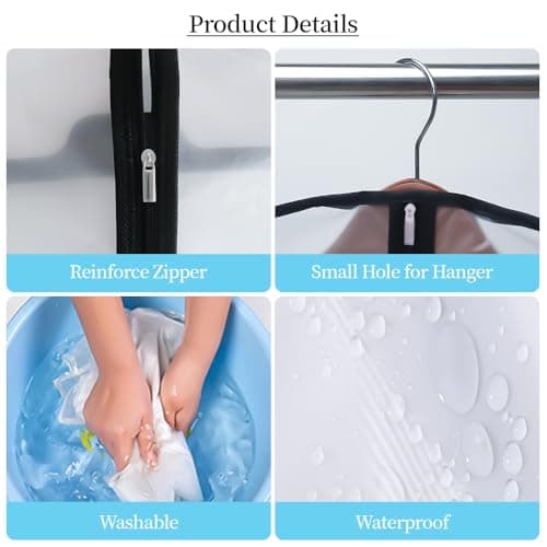 Niviy Garment Covers Dustproof Clothes Covers Moth Proof Coat Bag with Zip PEVA Translucent Dress Cover Waterproof Anti-mite Breathable Suit Protector 6pcs 60 * 100cm (Black) — view 5
