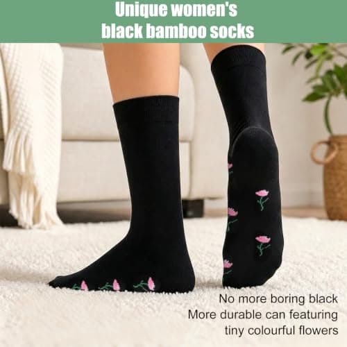 WeciBor Women’s Black Bamboo Socks 6-Pack, Breathable Seamless Crew Socks with Floral Pattern for Home, Commute & Travel, Moisture Wicking, Non-Binding, UK Size 4-7 — view 4