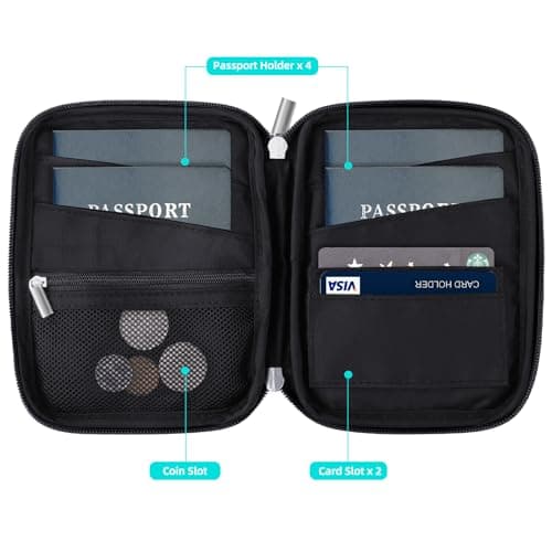 WALNEW Passport Holder Travel Wallet Family for 4, RFID Blocking Travel Document Organiser Pouch for Women Men, Zipper Card Case Cover with Wrist Strap, Black — view 3