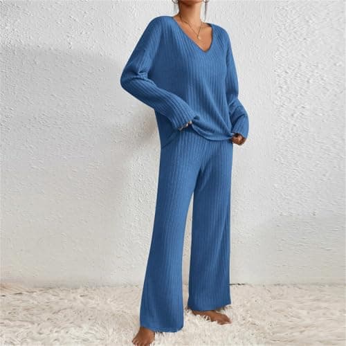Ladies Loungewear Sets UK Womens Tracksuits Travel Sets for Women Clothes Co Ord Womens Two Piece Outfits Leisure Suits Airport Outfit Knitted Long Sleeve Blouse and Pant Set — view 4