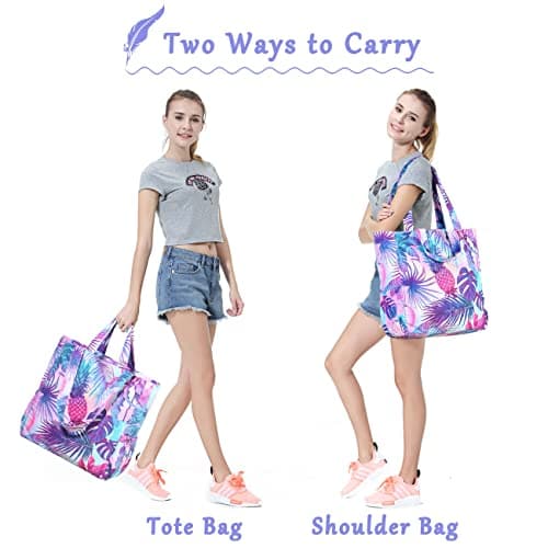 VASCHY Beach Bag for Women, Floral Lightweight Shoulder Tote Bag Foldable Water Resistant Sandproof Handbag Pool Gym Bag with Zip and Multi-pockets for Vacation, Travel(Purple Pineapple) — view 6