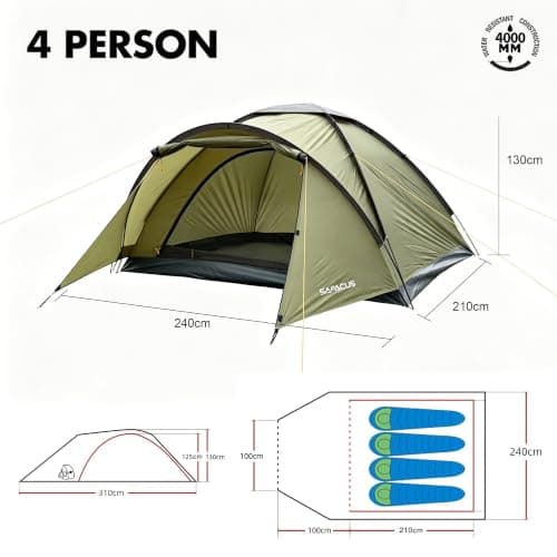 SAFACUS 3-4 Man Camping Tent - Windproof 4 person Dome Tent Lightweight PU4000mm, Waterproof Family tent, Compact, Quick Setup, Outdoors, Backpacking, Trekking — view 4