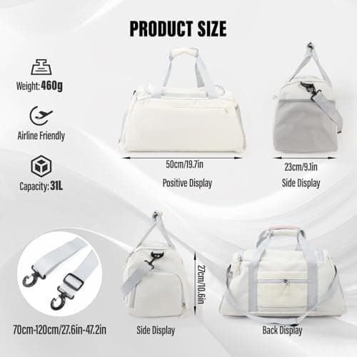 Viiotu Gym Bag with Shoe Compartment for Men Women, Water Resistant Oxford Fabric Duffle Bag with Wet Dry Pocket, Lightweight Sports Bag Travel Bag with Adjustable Strap for Fitness Weekend (White) — view 2