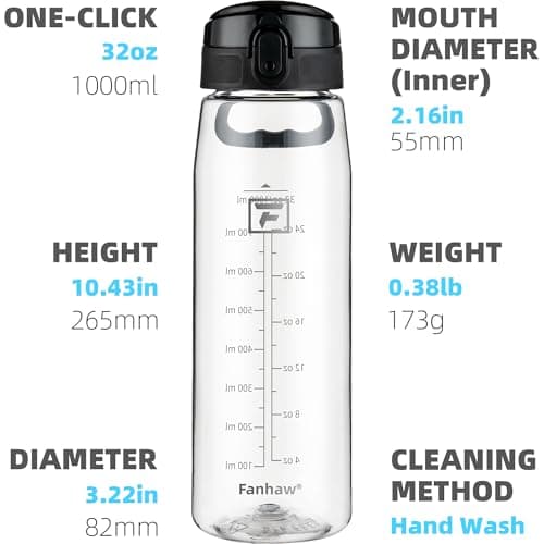 Fanhaw Sports Water Bottle 1L, Drinks Bottle with Chug Lid, BPA Free Leakproof Tritan Plastic Water Bottle, Wide Mouth Reusable Bottle for Gym, Travel, School, Office, Cycling & Hiking (Clear & Black) — view 2