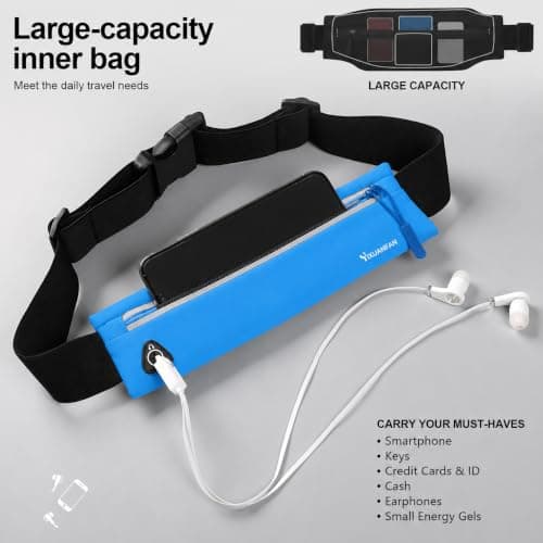 Running Belt for Men & Women, Slim Bum Bag & Running Phone Holder, No Bounce Waist Pack, Water Resistant Reflective Running Pouch, Adjustable Fitness Belt Fits All Smartphones(Blue) — view 6