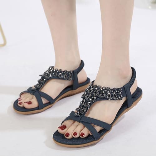 Amissz Women Sandals Flat Shoes Comfort Walking with Non Slip on Casual Summer Beach Sandals Dress Ankle Elastic Open Toe Rhinestone Bohemian Navy blue Size 7 — view 2
