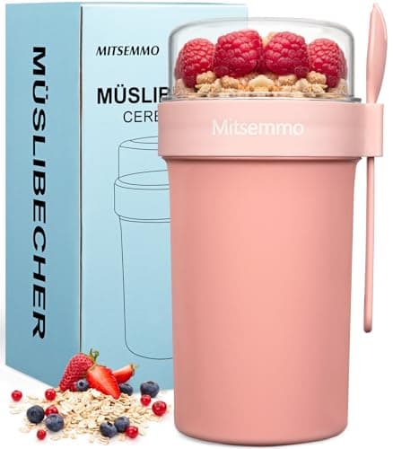 Mitsemmo Cereal Cup On The Go,760ml+230ml Breakfast Pots to Go,Yogurt and Granola Pot With Sauce Container,Travel Cereal Bowl and Milk Container for Work,Reusable Overnight Oats Jar with Lid & Spoon