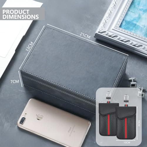 BOODPET Faraday Box for Car Keys & Phones (Grey) – Premium Crazy Horse Leather RFID Signal Blocker Case with 2 Anti-Theft Pouches (Blocks WiFi/GPS/Cellular) — view 2