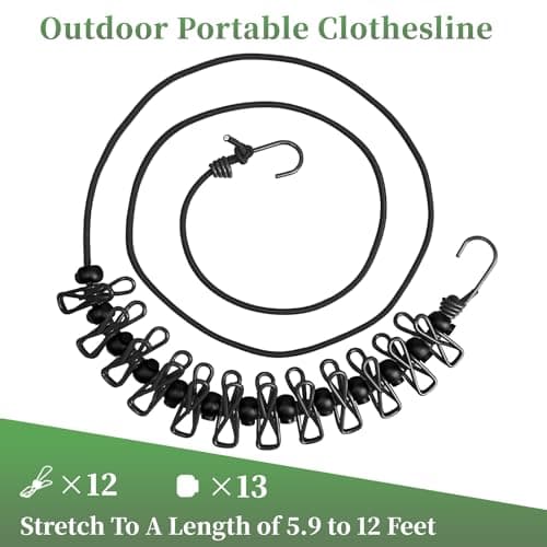 BODFPPC Travel Washing Line with 12 Clips, Portable Windproof Retractable Clothes Line Stretchy Elastic for Indoor Laundry Drying Clothesline,Outdoor Camping Accessories (Black) — view 3