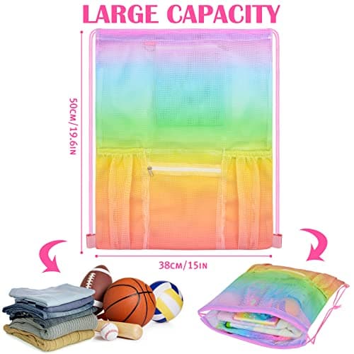 Nidoul Mesh Drawstring Bag with Zipper Pocket, Beach Bag for Swimming Gear Backpack Gym Storage Bag for Adult Kids, Rainbow — view 2