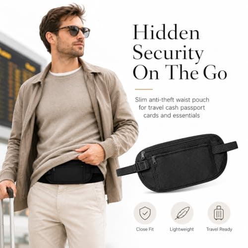 Travel Money Belt, Slim Black Passport Pouch, 2 Zip Compartments, 1-Piece — view 2