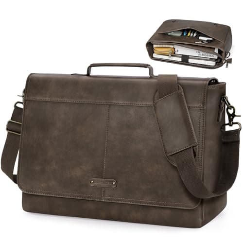 RAINSMORE Laptop Messenger Bag 15.6 Inch, Waterproof Vintage Leather Briefcase for Men, Large Capacity Professional Satchel for Business Travel University Dark brown