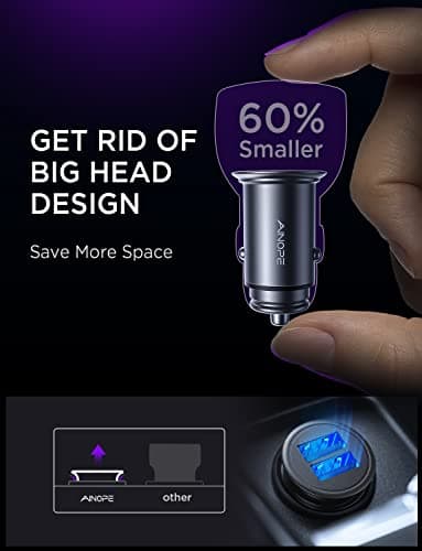 AINOPE Smallest Car USB Charger Adapter 12V/4.8A, All Metal Cigarette Lighter Charger USB Socket in Car Charger Fast Charge Car Accessories Gadgets for iPhone 14 12 13 Pro Max iPad Samsung S23 Kindle — view 2