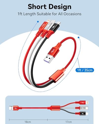 ASICEN 3 in 1 Short Multi Charger Cable, 35cm, Red, 3-Pack — view 6