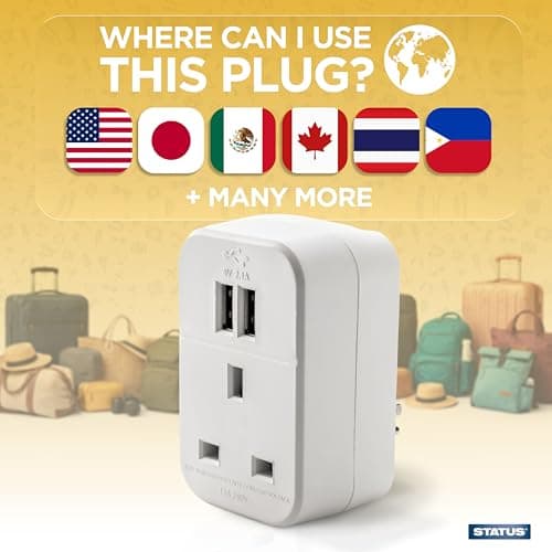 STATUS UK to US International Plug with USB Port Adapter, 3 Pin to 2 Pin US Travel Adaptor, White 2 Port USB Adapter Plug, (S2USBPTINTER1PK3) — view 4
