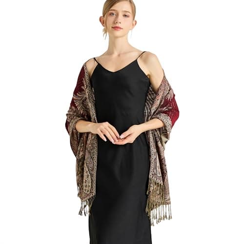 vimate Rave Pashmina Shawls and Wraps-Soft Silky Burgundy Jacquard Evening Paisley Pashmina Scarves for Women Winter(UK-Style 2-Burgundy) — view 2