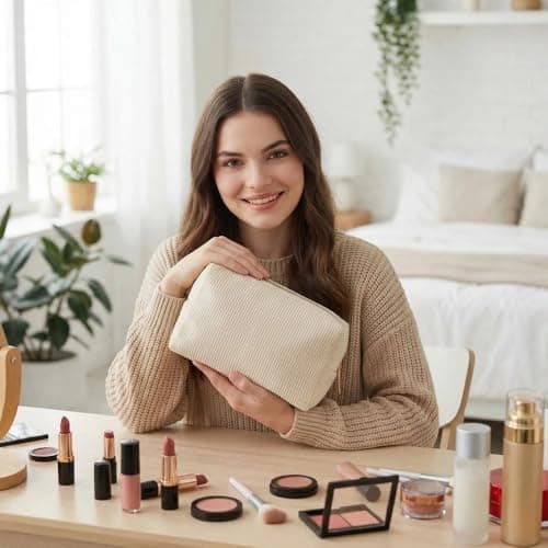 Large Makeup Bag Cosmetic Pouch Ribbed Fabric Beauty Organiser with Smooth Gold Zip for Women Professionals Travel Home Office Daily Commute Handbag Insert Accessories — view 5