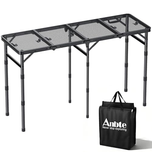 Anbte Folding Grill Table, 3 Adjustable Height Folding Camping Table with Heat-Resistant Mesh Tabletop, Lightweight Portable Handle for RV Camping, Outdoor Garden BBQ, 116 x 40cm, Black