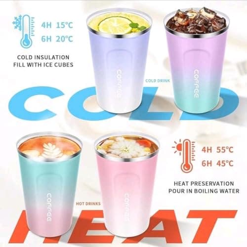 Insulated Travel Coffee Cup with Lid, Stainless Steel Band Travel Coffee Mugs Leak-Proof, Reusable Coffee Tea tumblers, Thermal Insulation Cups for Men Women hot & Cold Drinks (Purple-Mint) — view 4