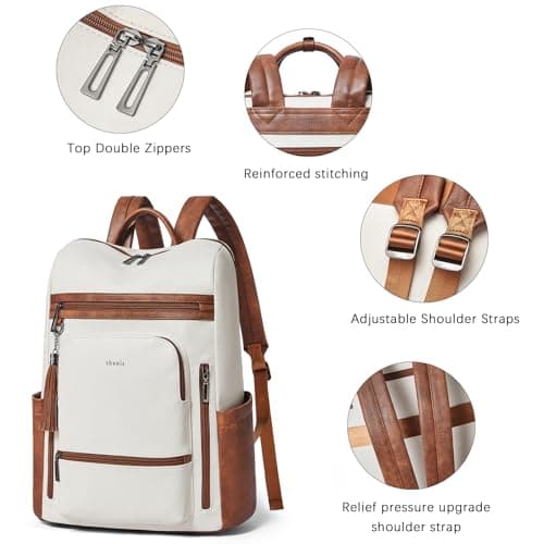 Shrrie Upgraded Large Travel Laptop Backpack Fits 17 inch Laptop,Vegan Leather Computer Backpack for Women and Men Business,Beige with Brown — view 6