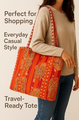 Quilted Cotton Tote Bag for Women | Handmade Printed Shopping & Travel Bag with Long Shoulder Handles | Lightweight Reusable Cloth Tote for Daily Use, Beach & Office — view 2