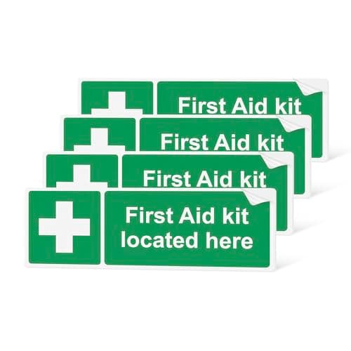 First Aid Kit Located Here Sign | 4 Pack | 15 x 5cm | Self Adhesive Safety Stickers | Gloss Finish