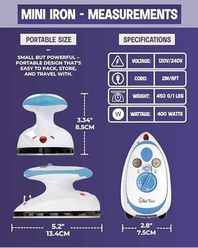 The Quilted Bear Premium Mini Iron and Portable Ironing Mat Bundle, Blue — view 2