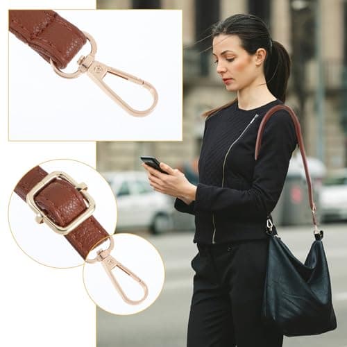 Telooco Purse Strap Replacement 85-150cm Adjustable Leather Belt for Purse Crossbody Bag Handbags (Brown Strap, Gold Buckle) — view 6