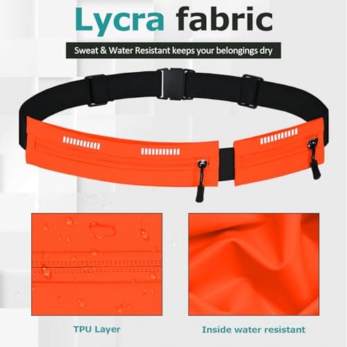 Running Belt Waist Bag, Orange, Dual Zip Pockets, Adjustable Elastic Strap with Reflective Strips (Orange) — view 3