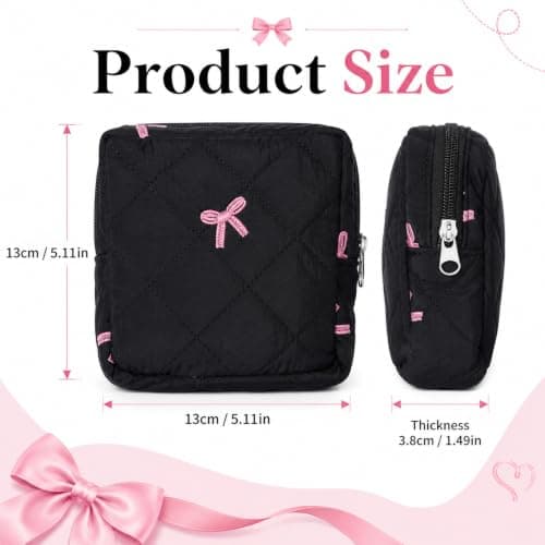 Portable Sanitary Bags for Teen Girls, Quilted Sanitary Napkin Storage Bag Cute Bow Period Pouch for Pads Reusable Period Bags with Zipper Sanitarys Napkin Storage Pouch First Gift for Women(Black) — view 2