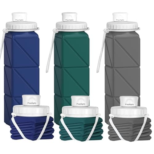 Popdigito 3 pack Collapsible Water Bottles,Silicone Foldable Portable Water Bottle 20.6oz, Lightweight Reusable Leakproof for Travel Hiking Camping Cycling Workouts Yoga Fitness Indoor Outdoor Sports — view 2