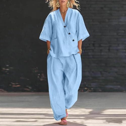 womens gym set Co Ord Sets for Women Cotton Linen 2 Piece Plus Size V Neck Tops & Wide Leg Trousers Summer Fashion Loose Comfy Vacation Travel Airport Outfits Light Blue XL — view 2