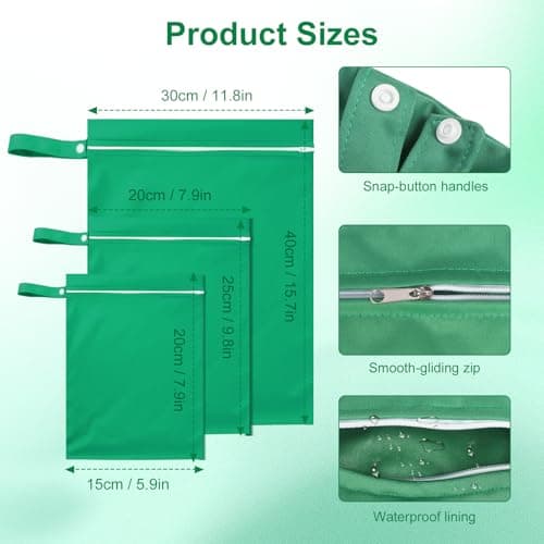 Iridsmole 3 PCS Wet Bags, Travel Laundry Bags, Waterproof Dirty Clothes Bag for Swimming, Cloth Nappy Wet Bag with Zipper, Lightweight Wet Dry Bag, Dirty Laundry Bag for Beach Traveling, Green — view 2