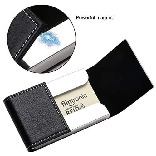 flintronic Business Card Holder | PU Leather Credit Card Holder, Slim Stainless Steel ID Case for Men/Women | Double Open Magnetic Buckle Keep Your Business Name Cards Clean (Black) — view 2