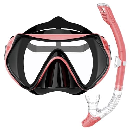 BuyCard Snorkel Mask,180 Degree Panoramic View Dry Top Snorkeling Gear，Safe Anti-Leak Anti-Fog Diving Mask, Snorkel Set and Swimming Goggles (Pink)