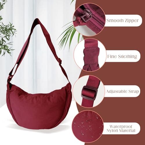 LOCCY Crescent Bag for Women Nylon Crescent Bag Dumpling Bags Nylon Crossbody Bags Women with Adjustable Strap Portable Crescent Purse for Daily Use (Burgundy) — view 4