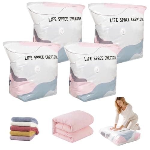 BIZOI 4PCS No Pump Vacuum Storage Bags, Reusable Vacuum Pack Bags, Press & Seal Roll-Up Compression Bags, Space Saver Sealer Bags for Clothes Duvets Bedding Pillows Blankets, Travel and Home (2M+2L)