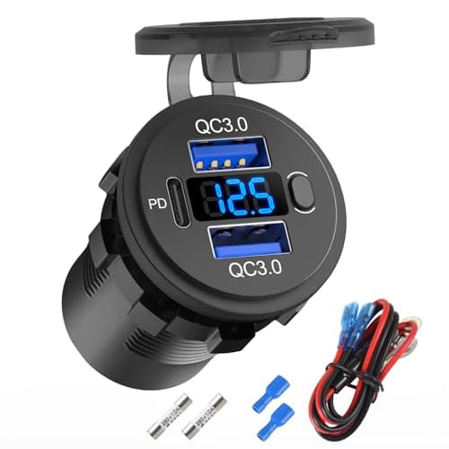 12V USB Outlet, 56W 12V USB Socket Car Charger with Dual QC 3.0 and PD 3.0 Three Car USB Port, Waterproof Car USB Charger Multi Port with Power Switch LED Voltmeter for Car Boat Marine Truck RV, etc.